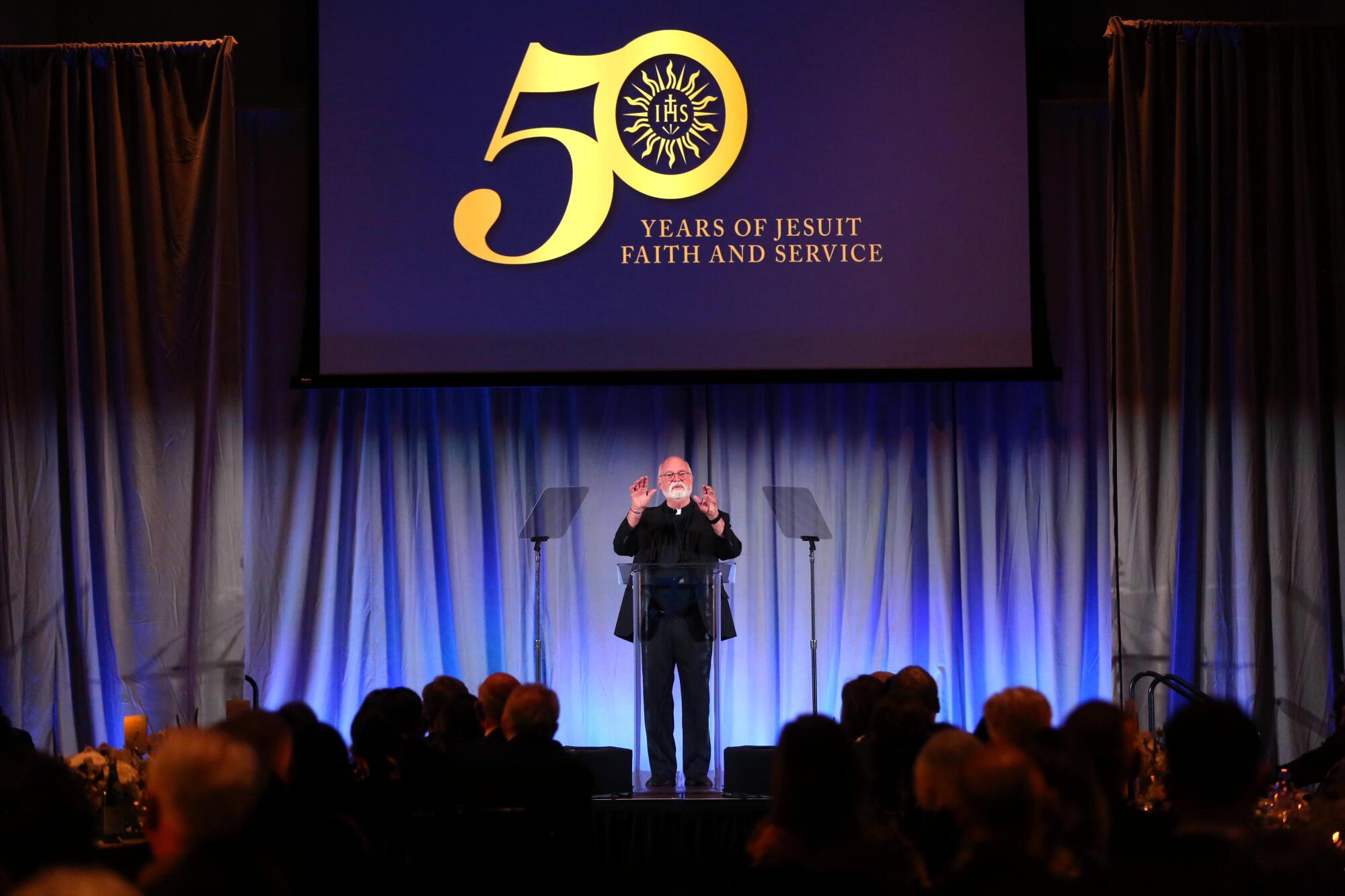 Father Greg Boyle thanks supporters at his 50th Jubilee event at Loyola High School.