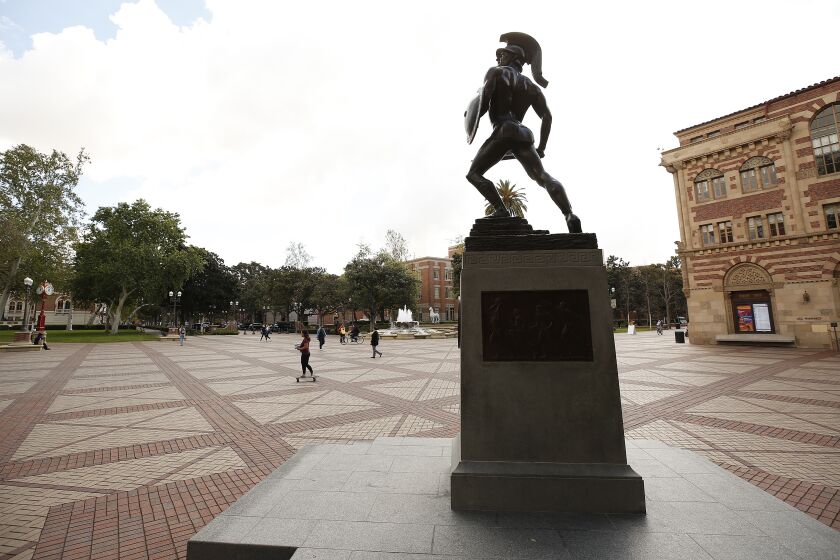 Tommy Trojan stands guard over a quiet University of Southern California USC campus near downtown Los Angeles