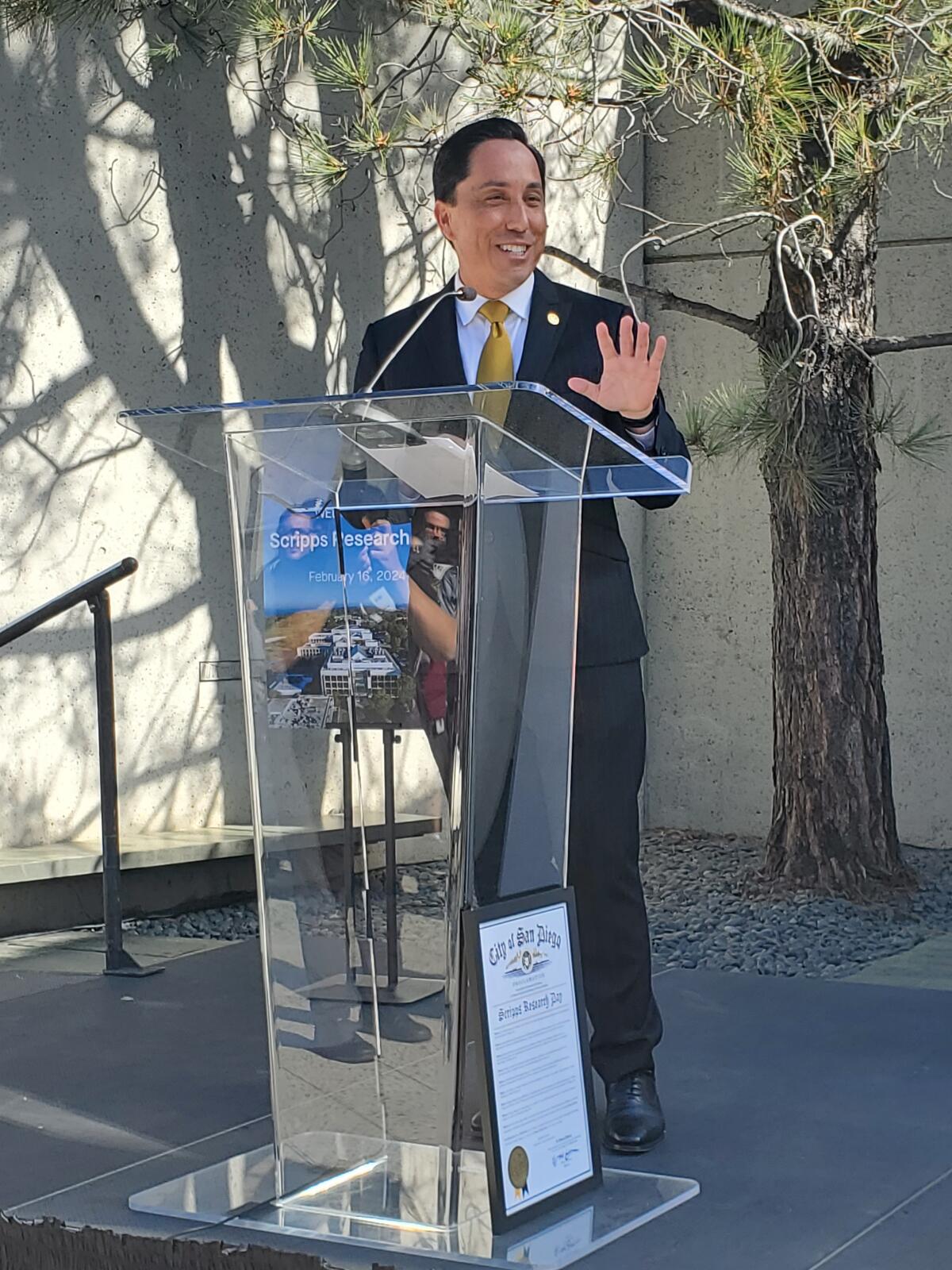 San Diego Mayor Todd Gloria speaks at Scripps Research on Feb. 15, which he proclaimed "Scripps Research Day" in the city.