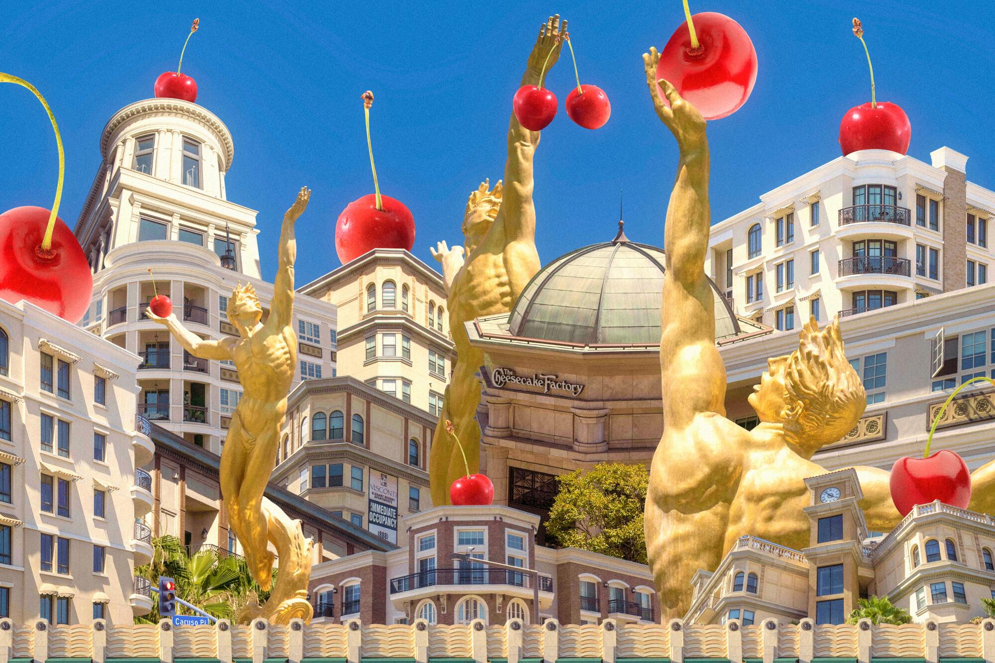 collage of beige, Italian-style buildings stacked on top of each other and topped with cherries, and three gold statues