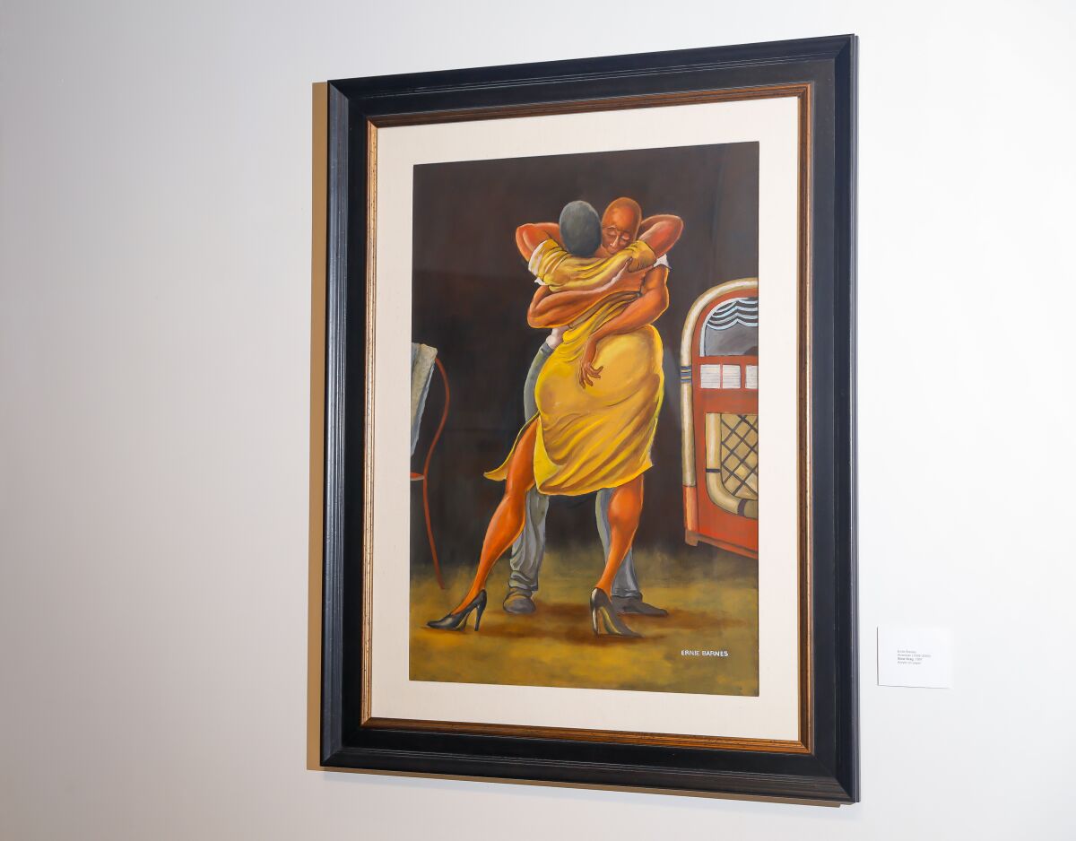 A piece by Ernie Barnes is displayed in The Kinsey Collection Exhibition at SoFi Stadium.