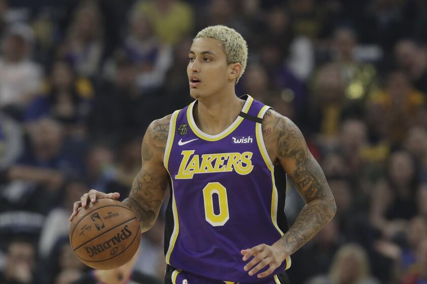 Los Angeles Lakers forward Kyle Kuzma (0) during an NBA basketball game against the Golden State Warriors.