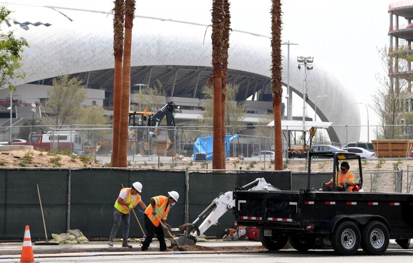 Construction at SoFi Stadium continues amidst the COVID-19 pandemic on March 31.
