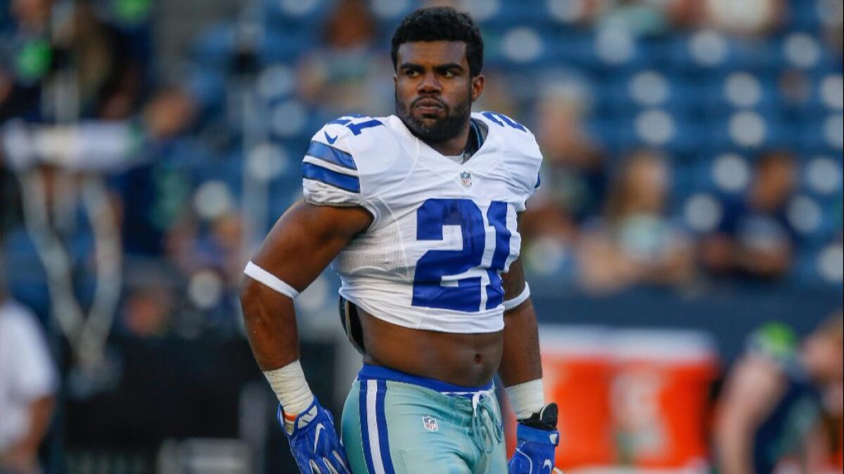 Cowboys running back Ezekiel Elliott warms up before an exhibition game against the Seahawks on Aug. 25.