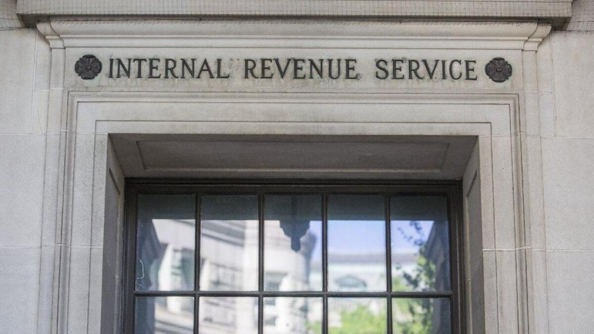 The Internal Revenue Service headquarters stands in Washington on Monday, the deadline for annual income tax returns to be filed.