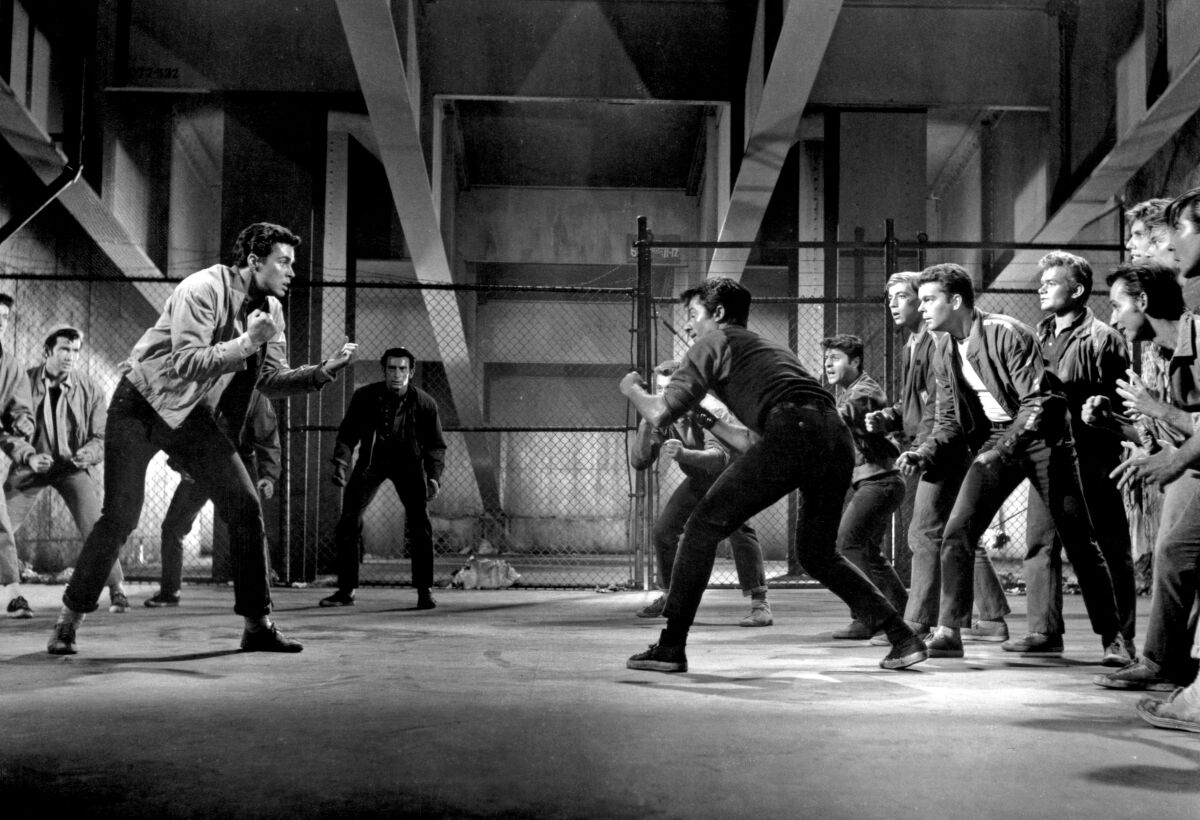 Gangs prepare to fight in a scene from the 1961 film "West Side Story."
