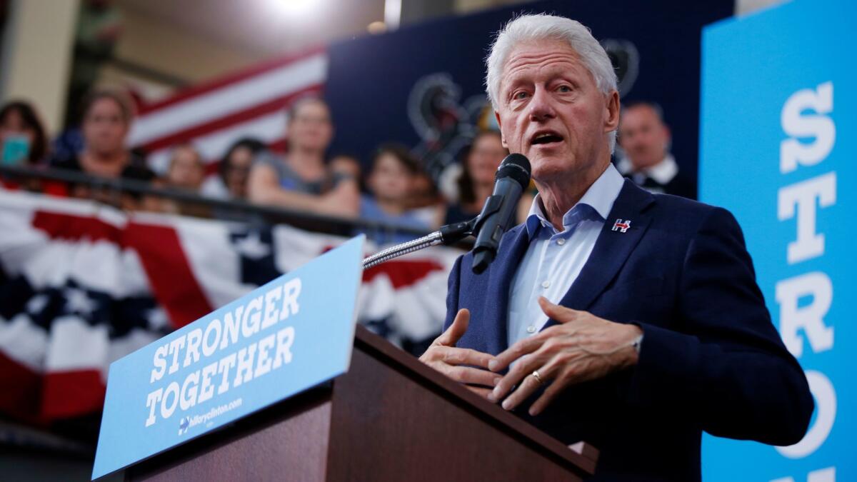 Former President Clinton speaks while campaigning for his wife, Hillary Clinton, at Montgomery County Community College in Blue Bell, Pa., in 2016.