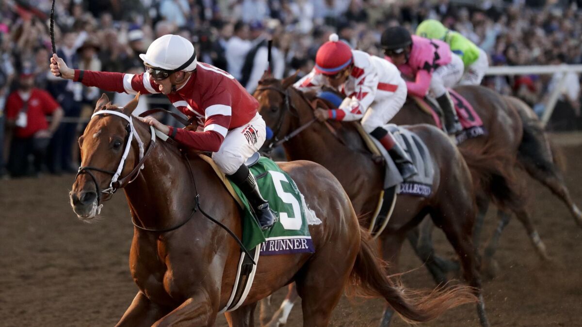 Florent Geroux, left, rides Gun Runner to victory in the Breeders' Cup Classic last November at Del Mar.