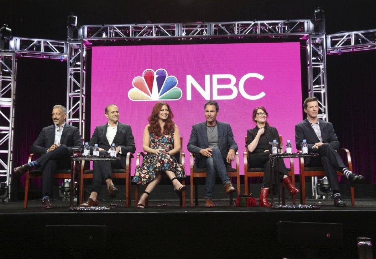 The "Will & Grace" panel during the NBC Television Critics Association Summer Press Tour at the Beverly Hilton on Thursday, Aug. 3, 2017, in Beverly Hills, CA.