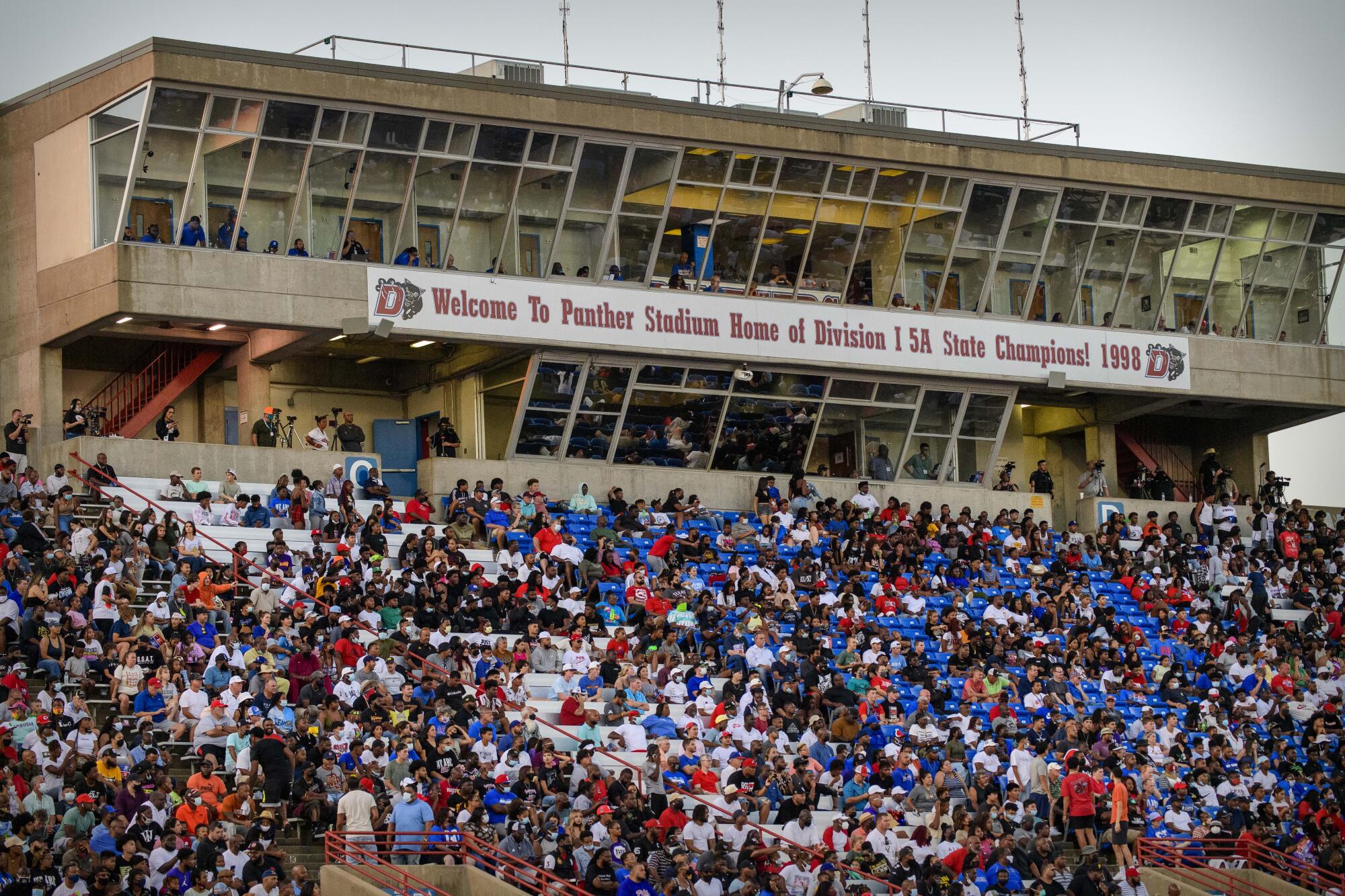 A view of the stadium and press box at Panther Stadium in Duncanville, Texas.