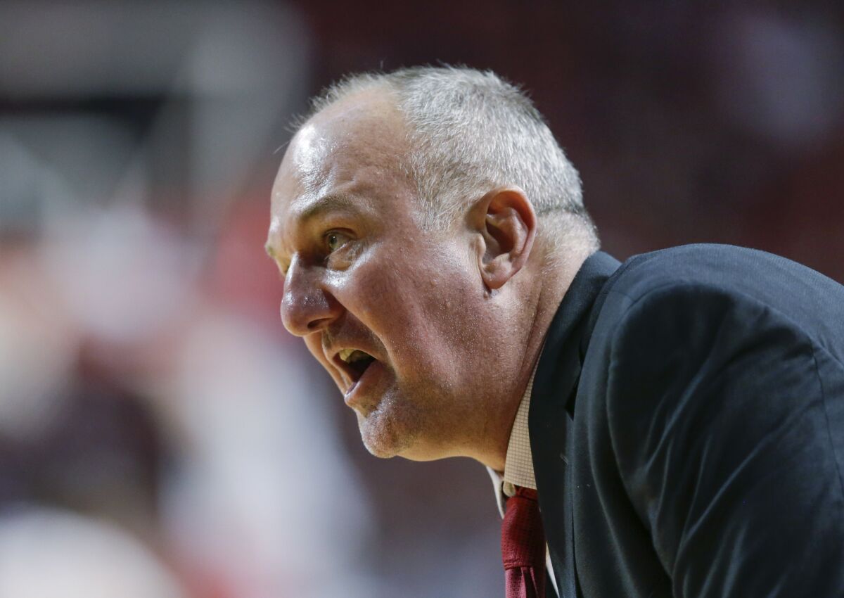 FILE - Ohio State coach Thad Matta shouts at a referee during the second half of the team's NCAA college basketball game against Nebraska in Lincoln, Neb., Jan. 18, 2017. Matta is returning to Butler, hired on Sunday, April 3, 2022 to coach the Bulldogs almost five years after he cited his health while stepping down at Ohio State. (AP Photo/Nati Harnik)
