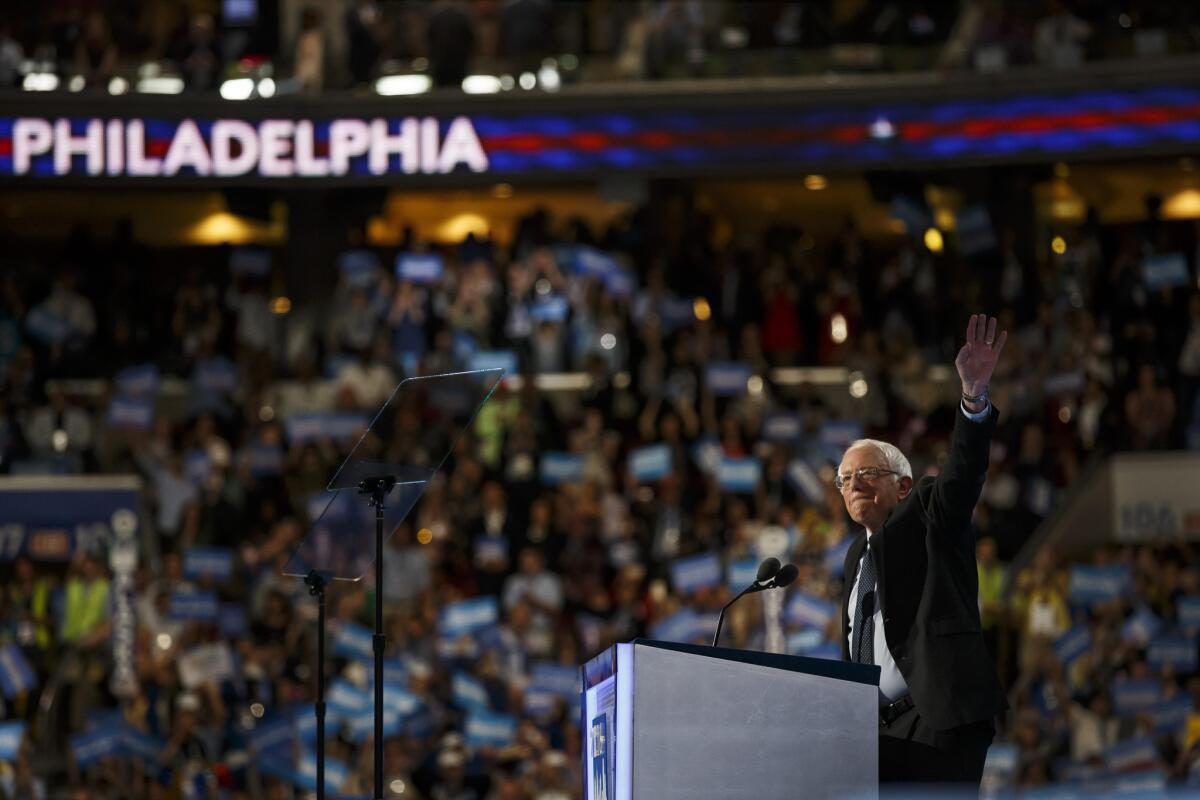 Bernie Sanders speaks at the Democratic National Convention in Philadelphia.