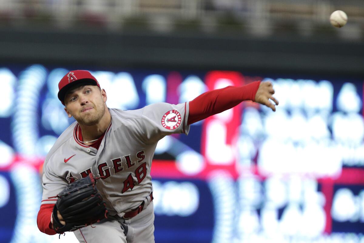 Angels starter Reid Detmers pitches during the second inning Sept. 24, 2022, at Minnesota.