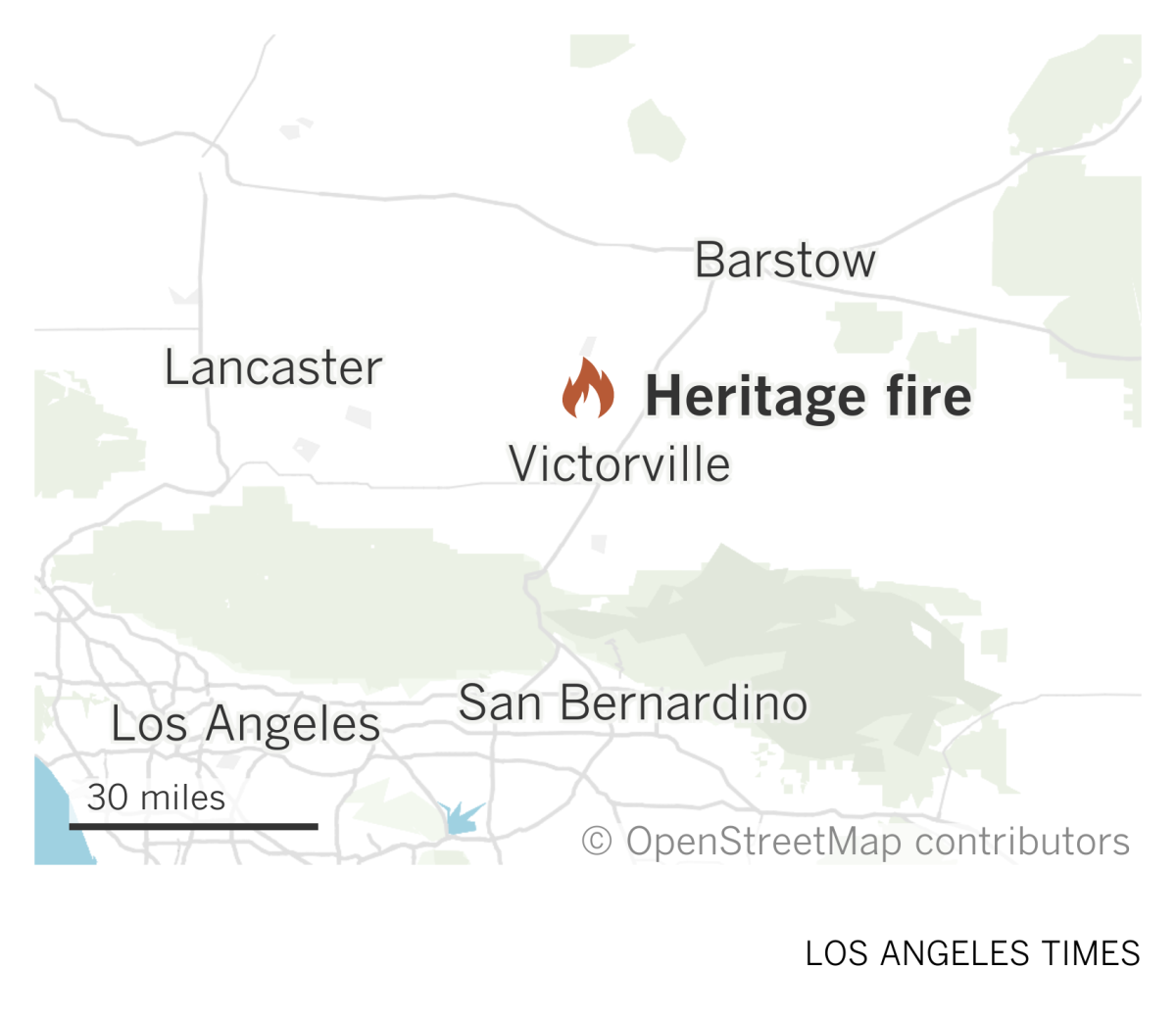A map shows the location of the Heritage fire burning north of Victorville