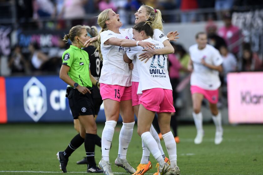 LOS ANGELES, CA - APRIL 23: Sofia Jakobsson #10 of the San Diego Wave FC celebrates her goal with Makenzy Doniak #15 and Christen Westphal #20 against the Angel City FC during the second half at BMO Stadium on April 23, 2023 in Los Angeles, California. (Photo by Kevork Djansezian/Getty Images)