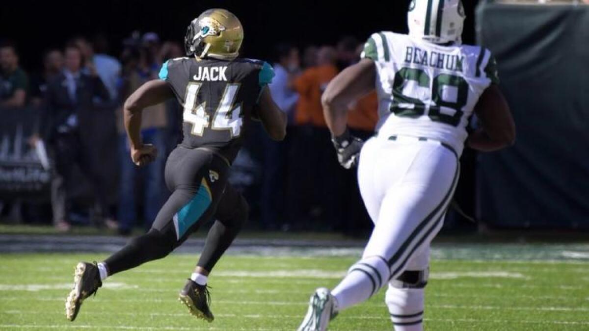 Jaguars linebacker Myles Jack runs 81 yards for a touchdown after recovering a Jets fumble during the second half of a game on Oct. 1.