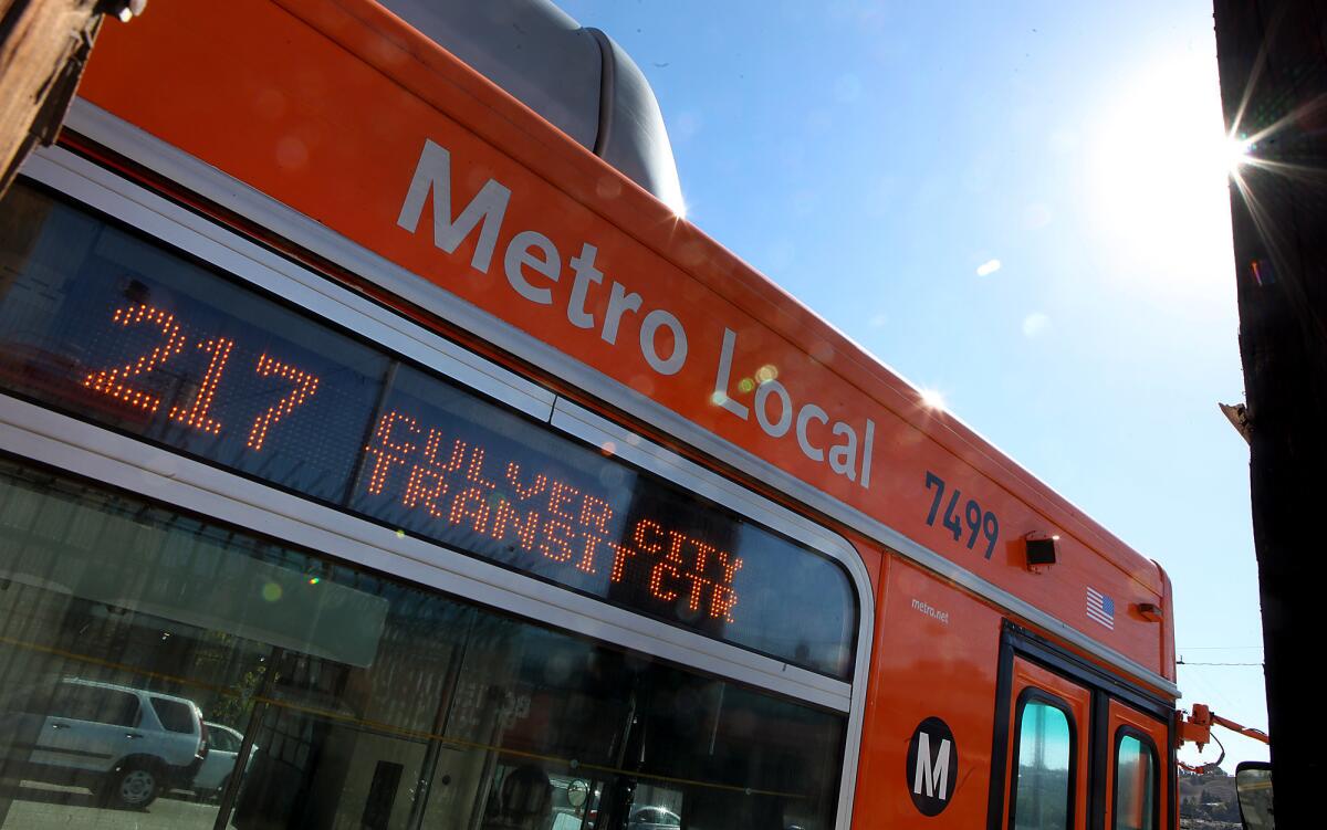 A Metro 217 line bus stops at the intersection of La Cienega and Jefferson boulevards in Culver City.