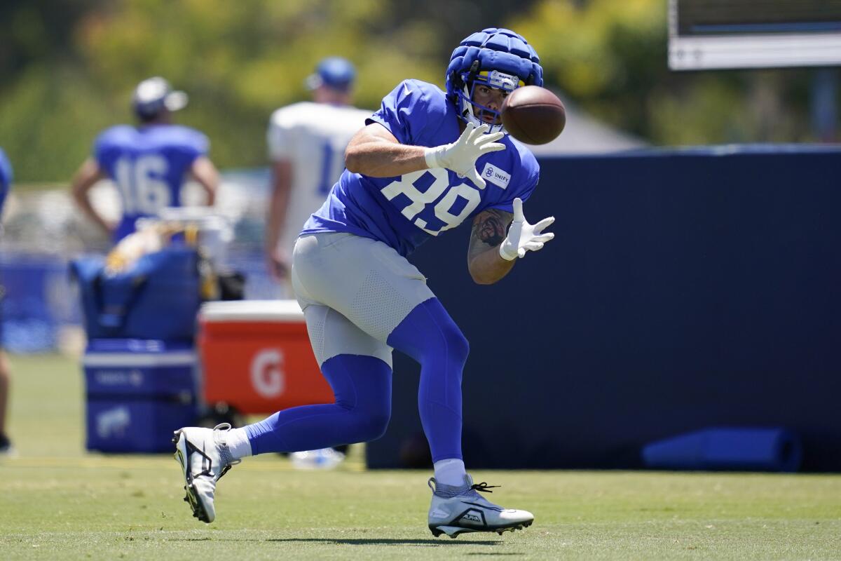  Rams tight end Tyler Higbee catches a pass during practice.