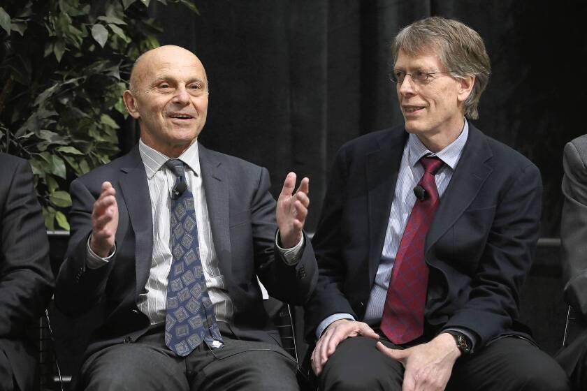 Eugene Fama, left, and Lars Peter Hansen of the University of Chicago are co-winners of the Nobel Prize in economics, along with Robert Shiller of Yale University.