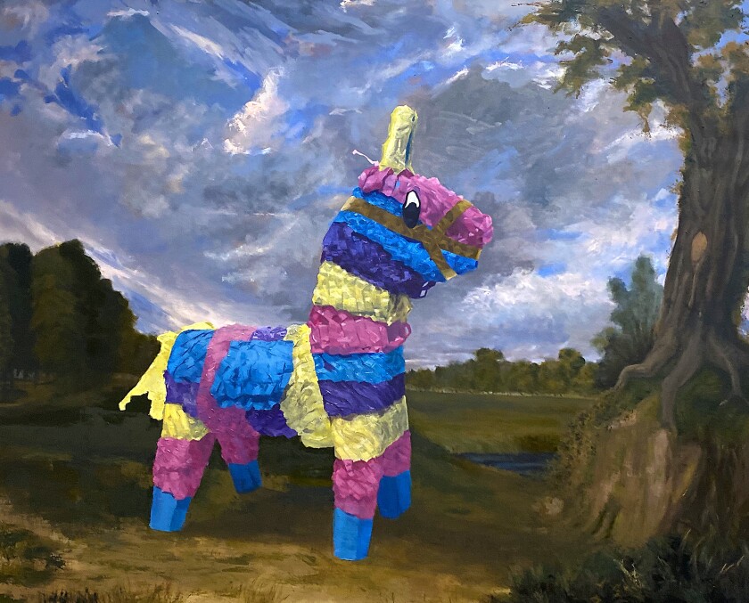 "Agárrate Papá" is a painting depicting a colorful horse piñata set against a pastoral backddrop.