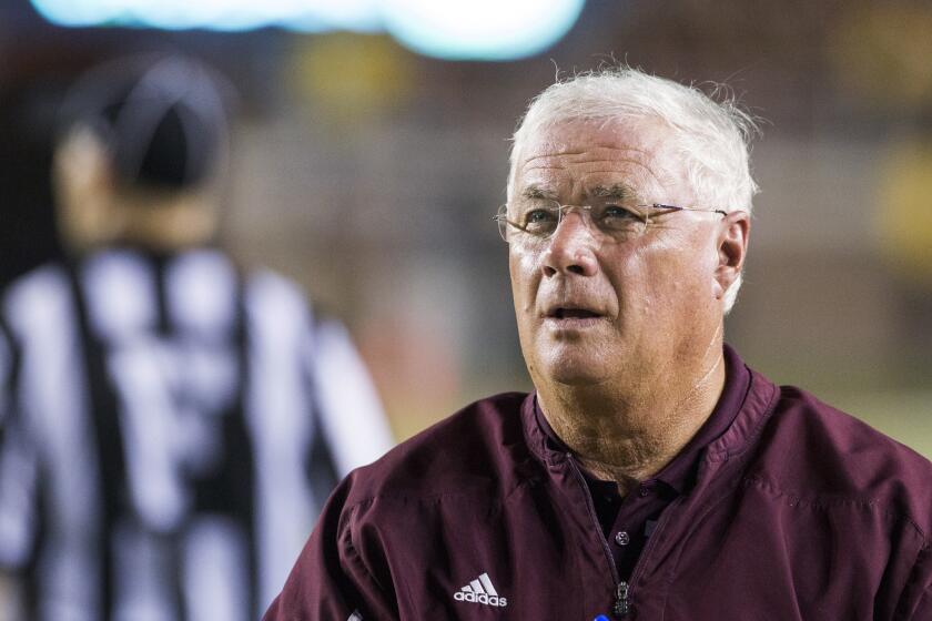 Texas State head coach Dennis Franchione looks up during the first half of his team's NCAA college football game against Florida State in Tallahassee, Fla., Saturday, Sept. 5, 2015. (AP Photo/Mark Wallheiser) ORG XMIT: FLMW110