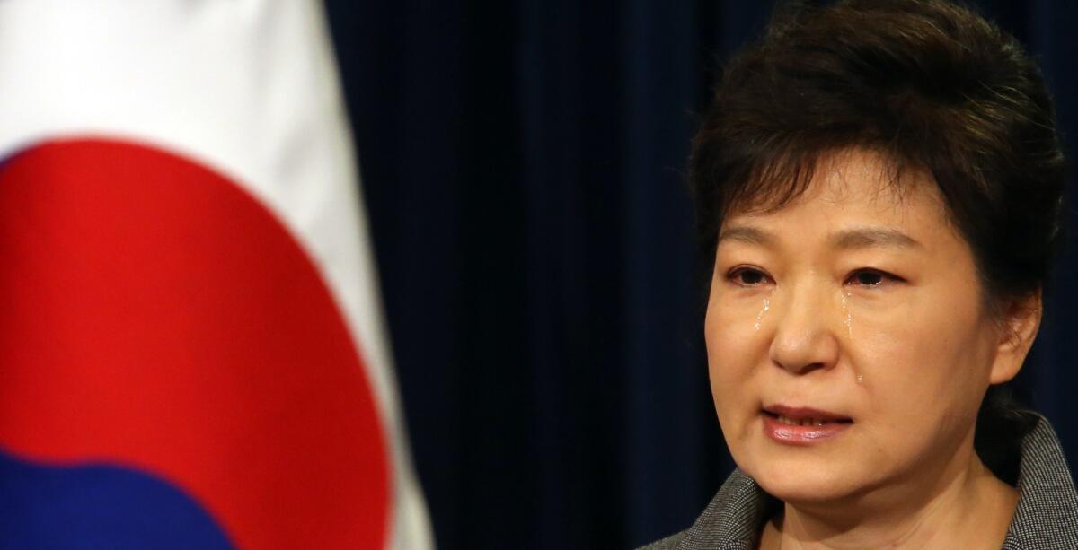 South Korean President Park Geun-hye weeps as she makes a televised address to the nation about the handling of last month's ferry sinking.