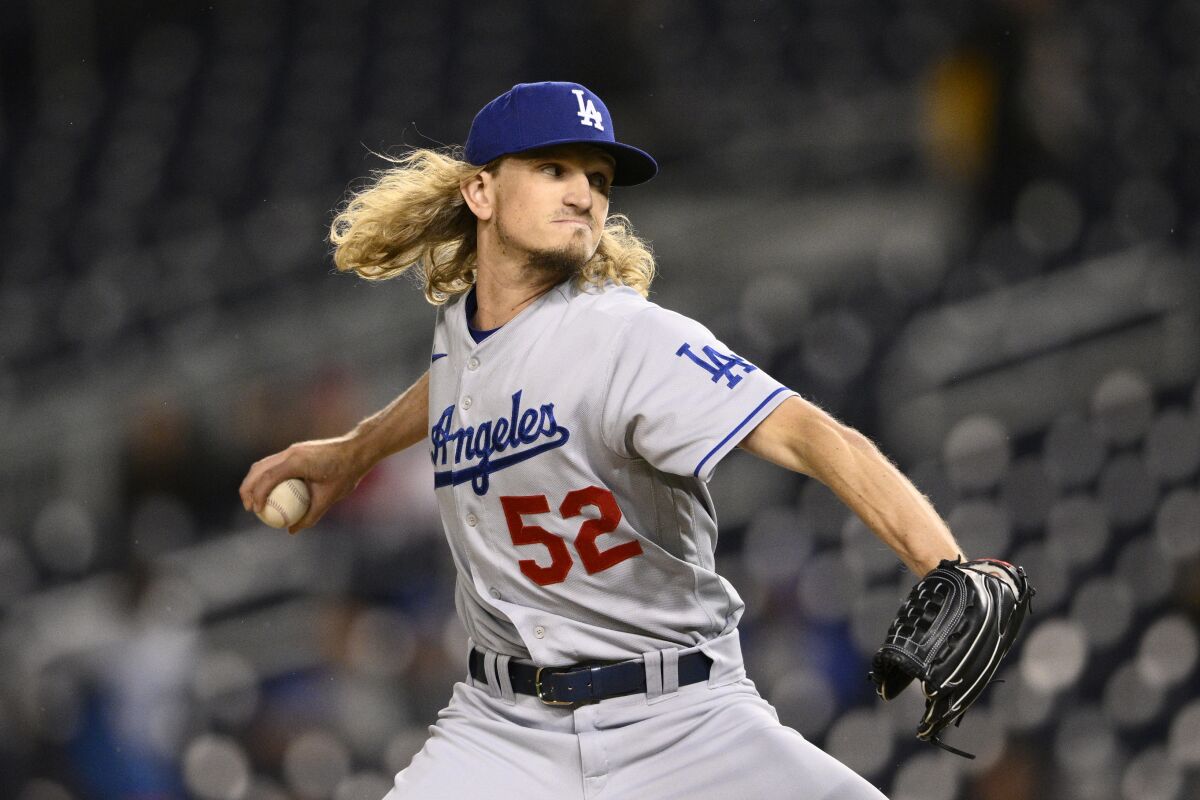 Los Angeles Dodgers relief pitcher Phil Bickford in action during a baseball game.