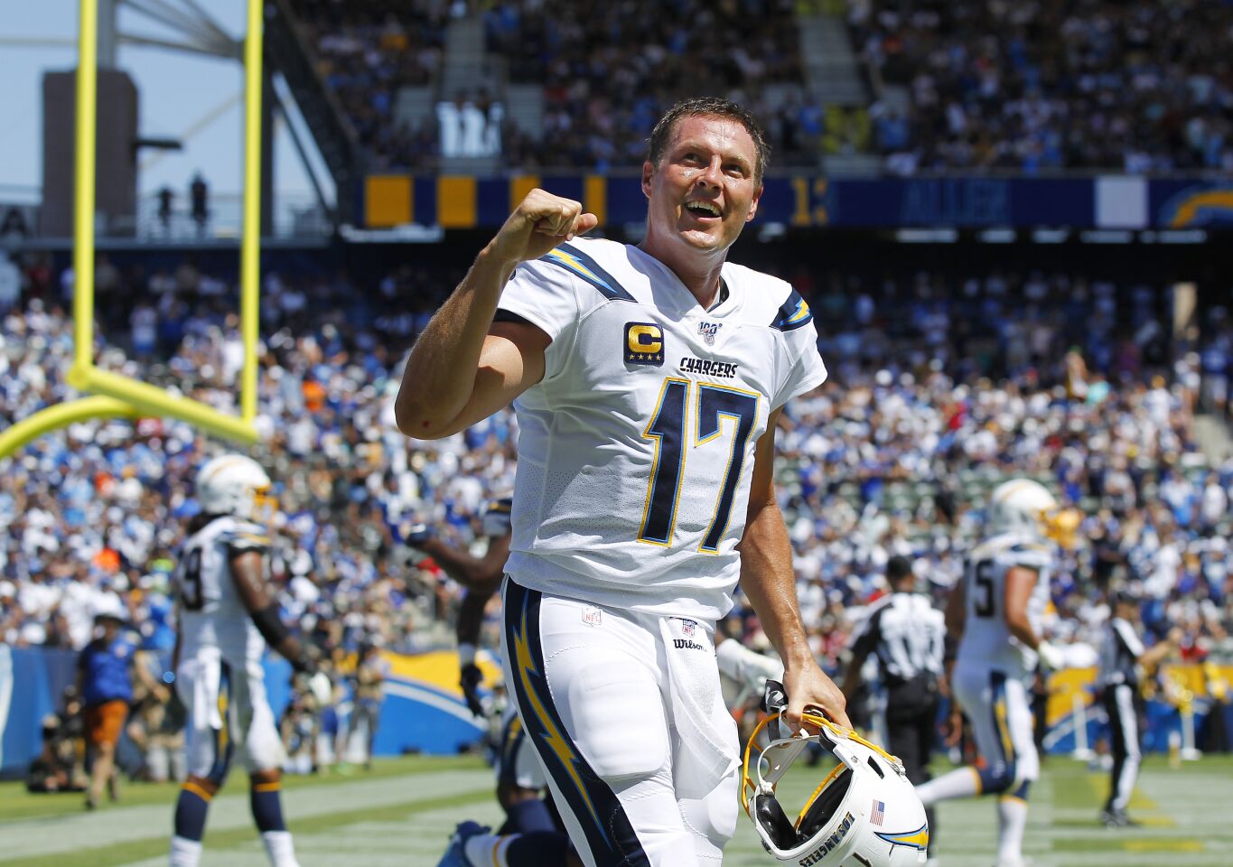 Los Angeles Chargers Philip Rivers after he threw a touchdown pass to Keenan Allen against the Indianapolis Colts in the 2nd quarter in Carson on Sept. 8, 2019.