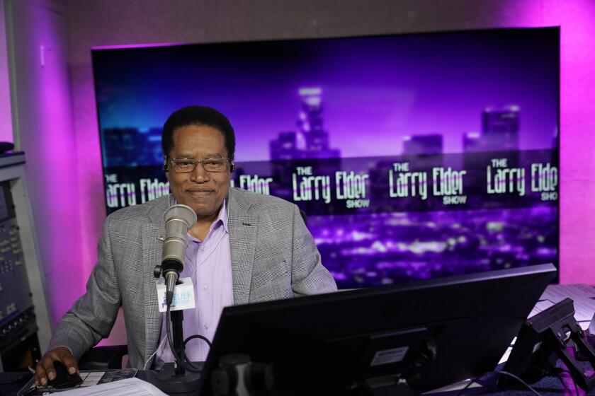 Radio talk show host Larry Elder is on-air during his show, Monday, July 12, 2021, in Burbank, Calif. Elder has announced he is running for governor of California. (AP Photo/Marcio Jose Sanchez)