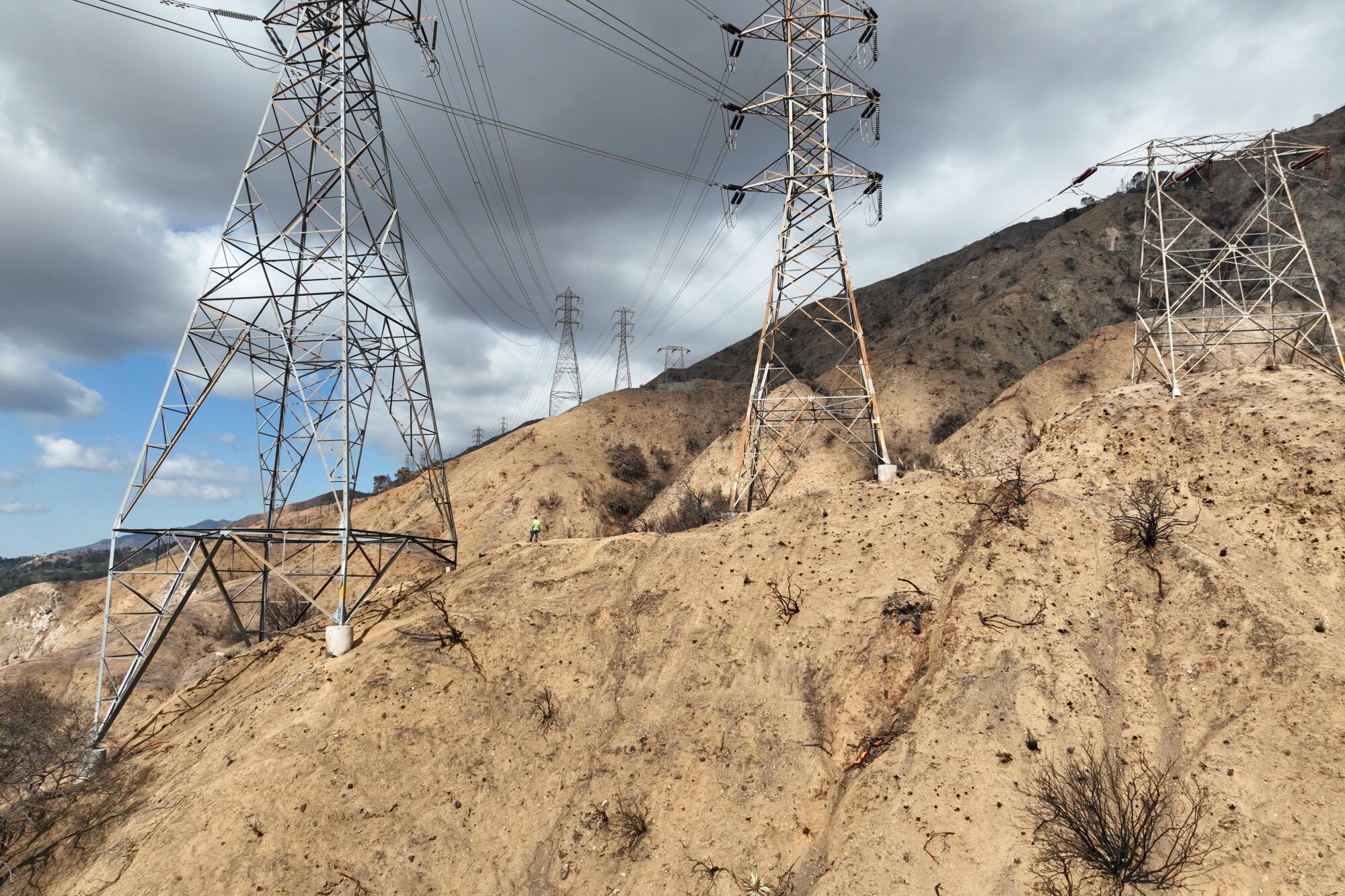 Electrical towers on a hillside.
