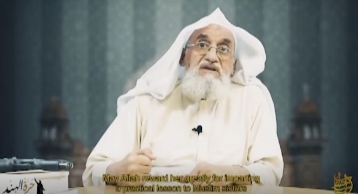 This image taken from a video issued by as-Sahab, al-Qaida's media branch, on April 5, 2022, shows Al-Qaeda leader Ayman al-Zawahri speaking. In the rare video, al-Zawahri praises Muskan Khan, an Indian Muslim woman who in February defied a ban on hijab wearing, revealing the first proof in months that he is still alive. (as-Sahab via AP)