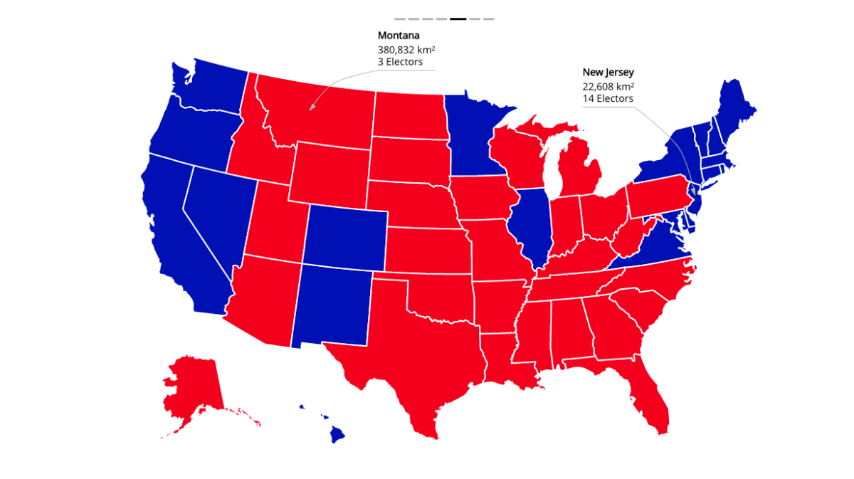 A map of the U.S. shows states in red or blue
