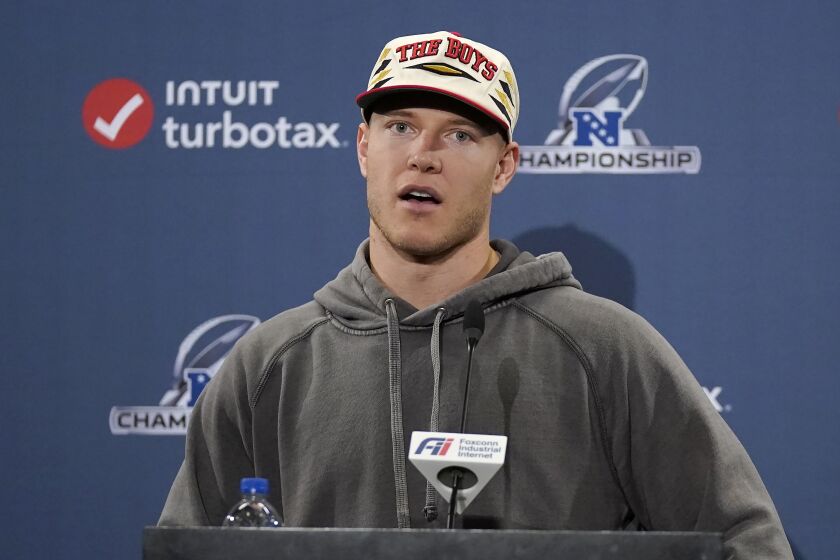 San Francisco 49ers running back Christian McCaffrey speaks at a news conference before an NFL football practice in Santa Clara, Calif., Thursday, Jan. 26, 2023. The 49ers are scheduled to play the Philadelphia Eagles Sunday in the NFC championship game. (AP Photo/Jeff Chiu)