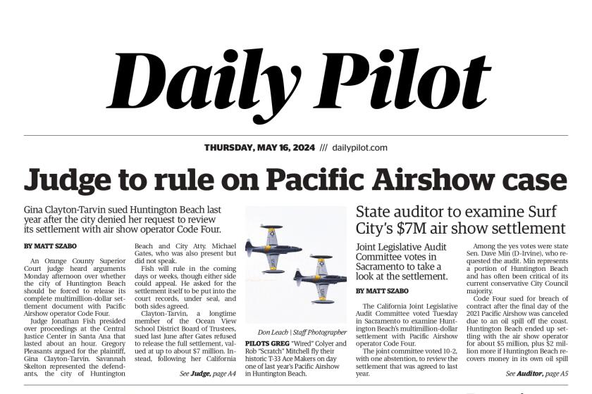 Front page of the Daily Pilot e-newspaper for Thursday, May 16, 2024.