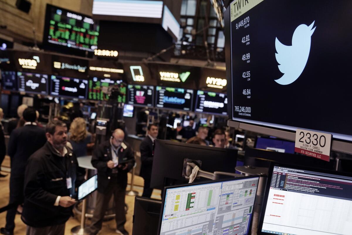 The symbol for Twitter appears above a trading post on the floor of the New York Stock Exchange