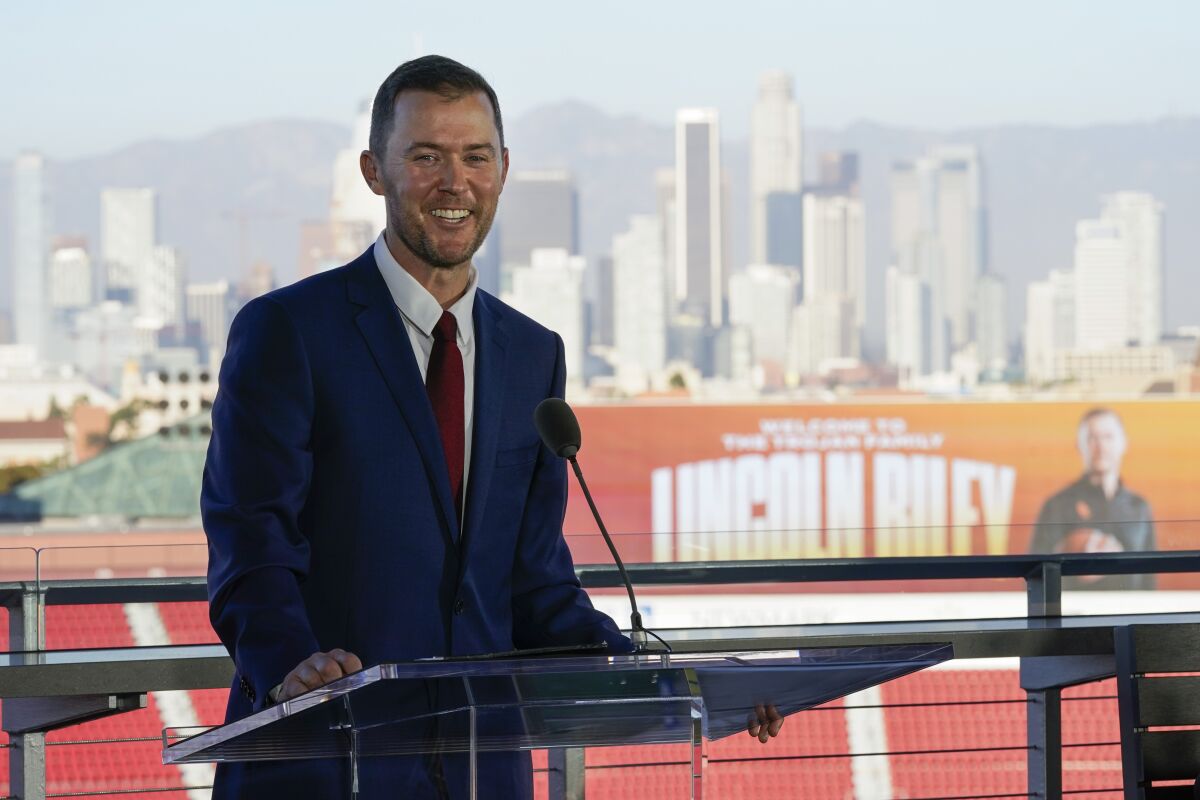 New USC football coach Lincoln Riley speaks Nov. 29, 2021, at his introductory news conference.