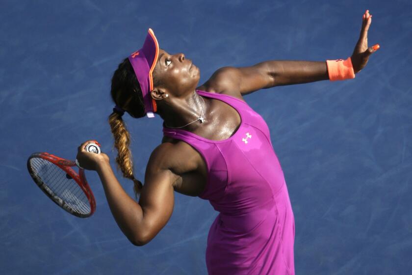 Sloane Stephens serves during her third-round victory over Jamie Hampton at the U.S. Open on Friday.