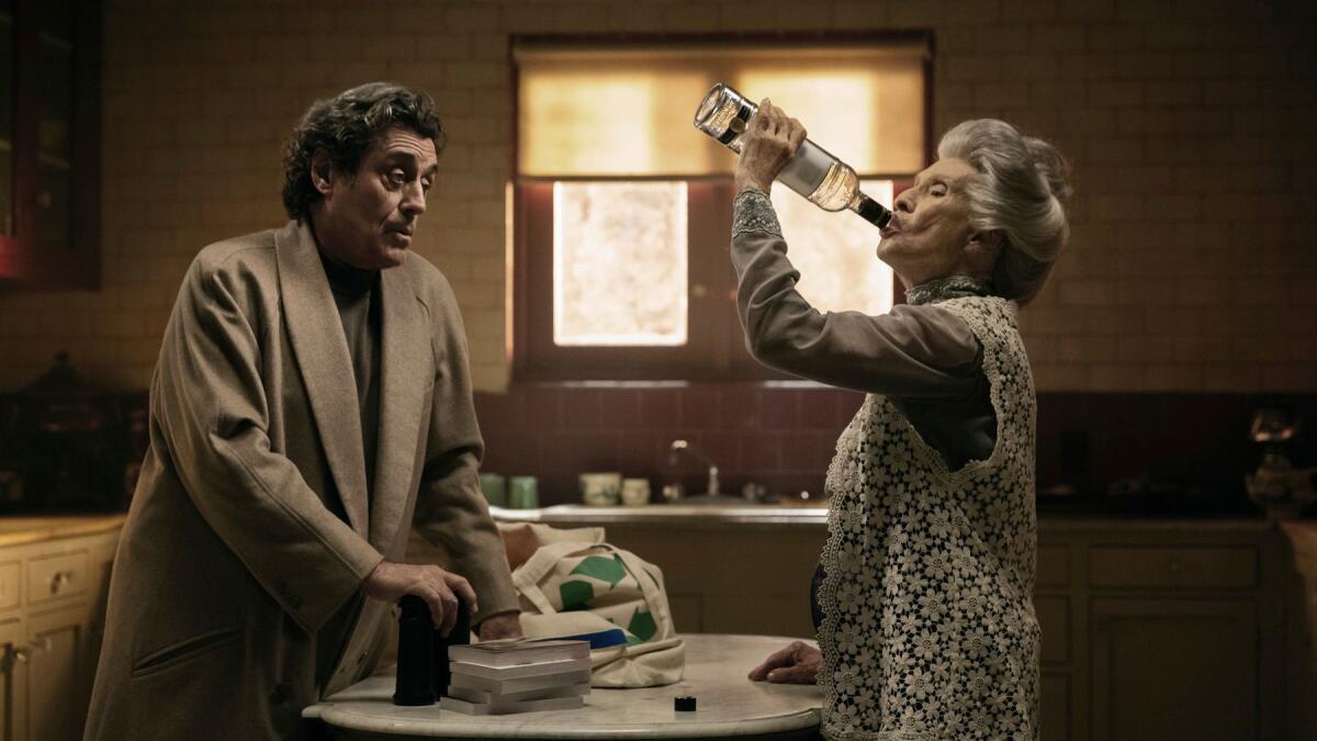 Ian McShane and Cloris Leachman in a scene from "American Gods." The series premieres April 30 at 9 p.m. on Starz.