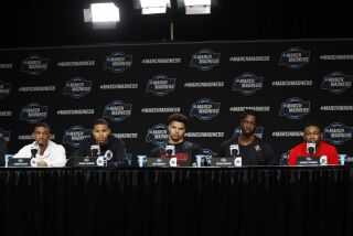 Louisville, KY - March 25: San Diego State's Lamont Butler, left, Keshad Johnson, Matt Bradley, Nathan Mensah and Darrion Trammell listen during a news conference at the NCAA Tournament on Saturday, March 25, 2023 in Louisville, KY. (K.C. Alfred / The San Diego Union-Tribune)
