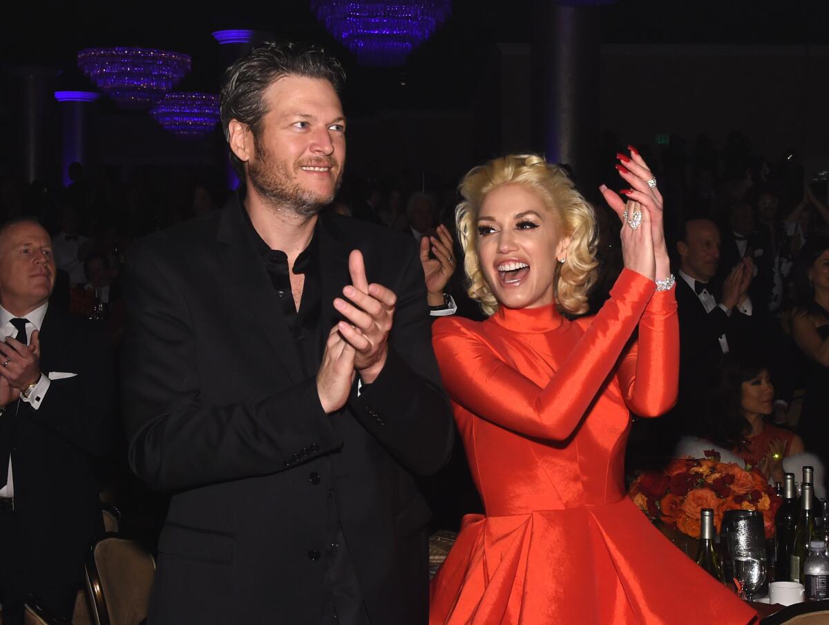 Blake Shelton and Gwen Stefani at Clive Davis' pre-Grammy Gala at the Beverly Hilton Hotel on Feb. 14, 2016.