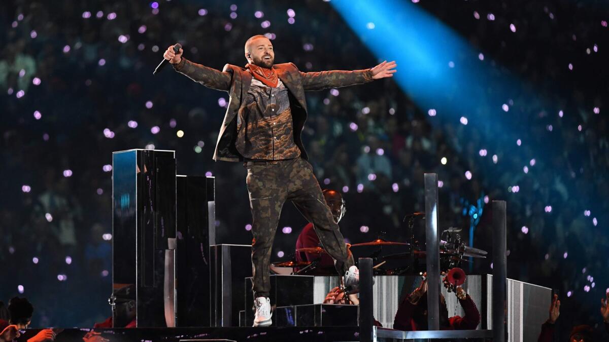 Justin Timberlake performs on stage during the Super Bowl LII halftime show at the US Bank Stadium in Minneapolis, Minnesota.