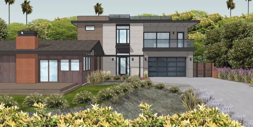 A rendering shows an accessory dwelling unit (right) proposed for 8445 Avenida de las Ondas.