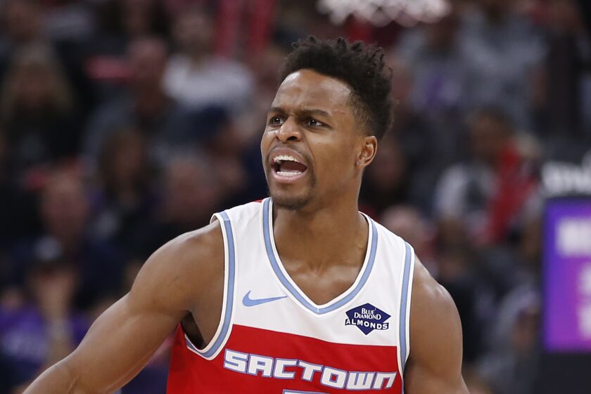 Yogi Ferrell sets up the Kings offense during against the Thunder during agame Dec. 11, 2019, in Sacramento.