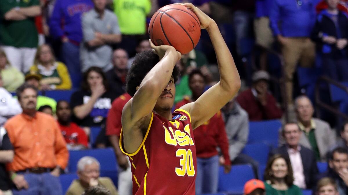 USC guard Elijah Stewart gets set to release what proved to be the game-winning shot against Southern Methodist on Friday.