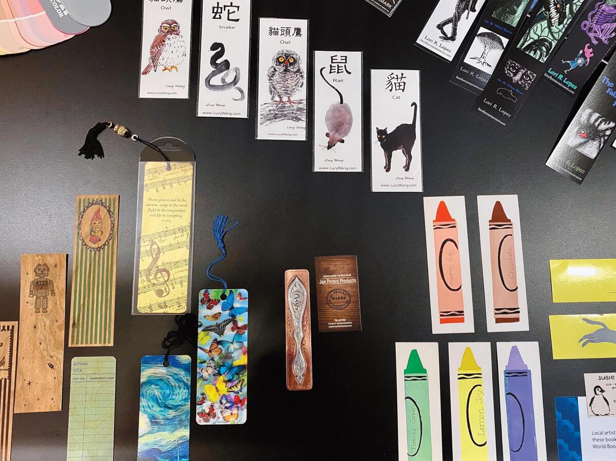 Some of UC San Diego's bookmark collection at Geisel Library features those made by local artists.