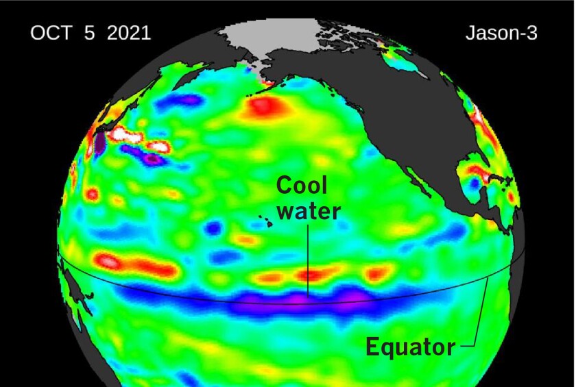 An image from NASA's Jason-3 satellite showing cool water in the equatorial Pacific.