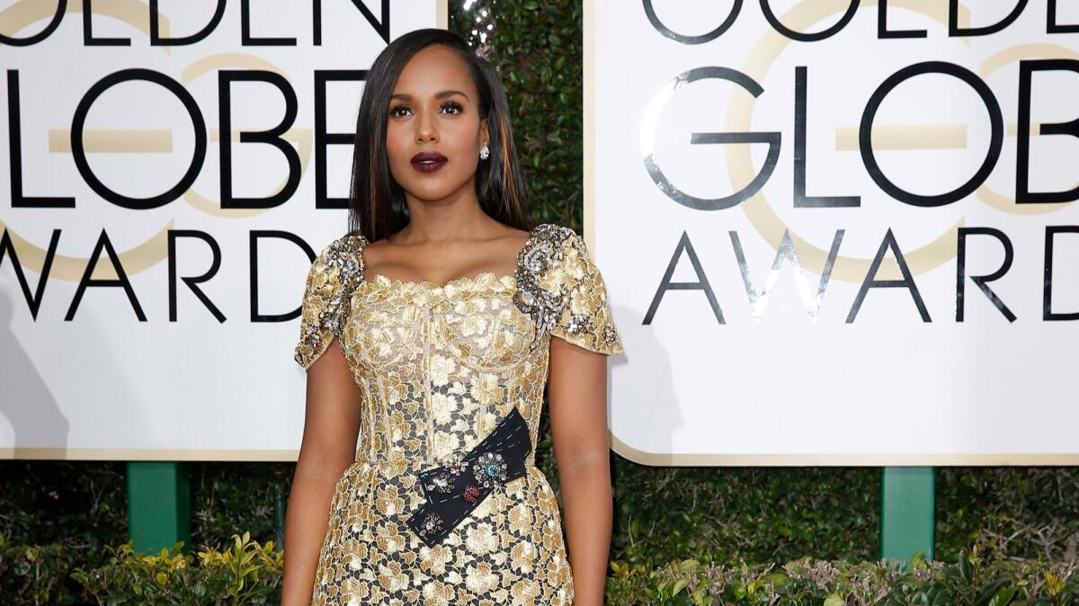 Wearing a Dolce & Gabbana gown, Kerry Washington arrives at the Golden Globe Awards show on Jan. 8.