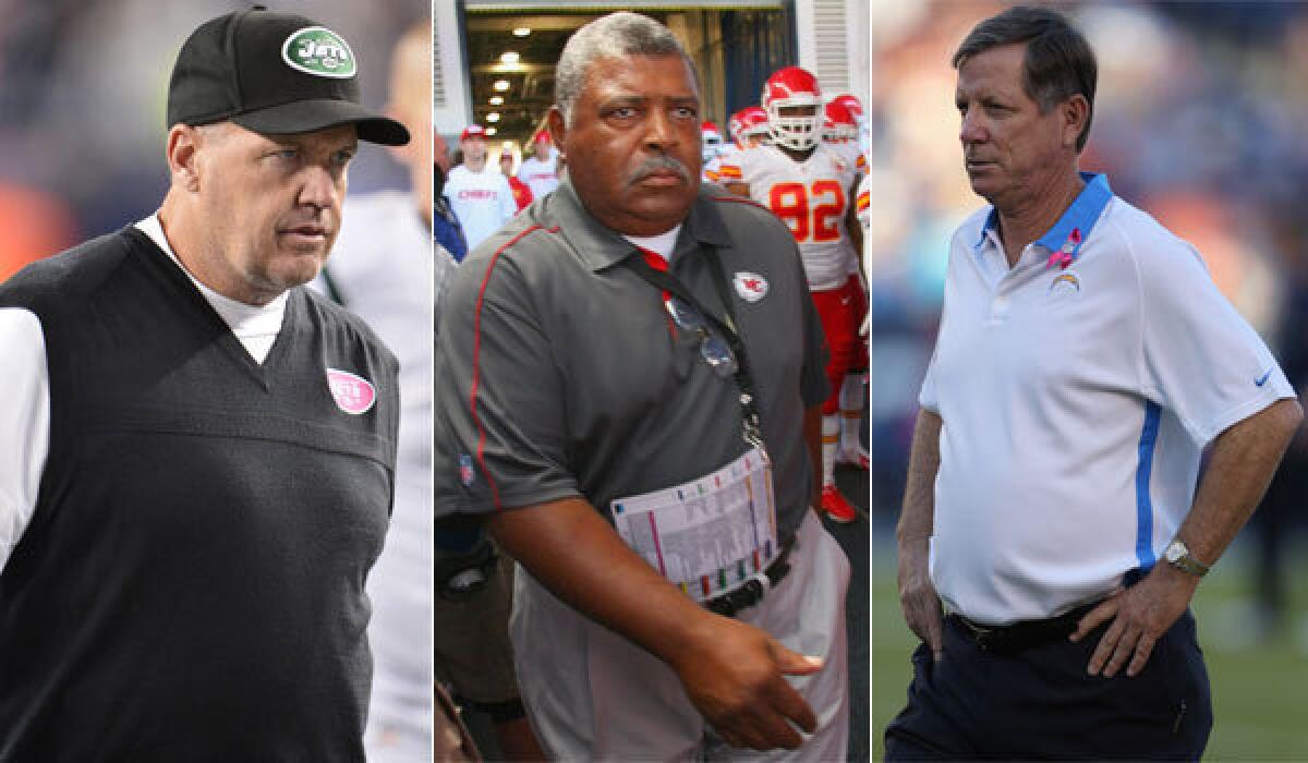 Coaches on the hot seat near the midway point of the season include the New York Jets' Rex Ryan, Kansas City Chiefs' Romeo Crennel and San Diego Chargers' Norv Turner.