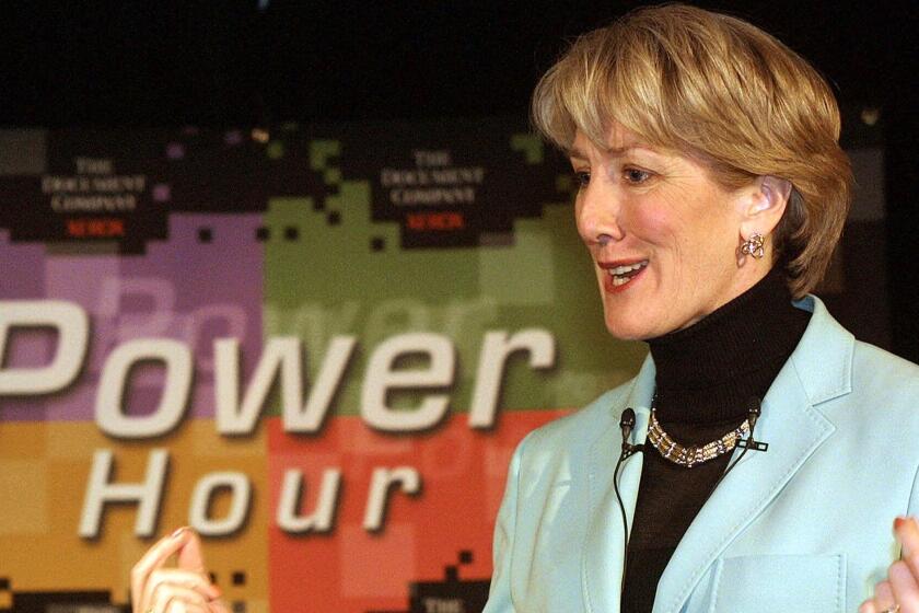 FILE--Anne Mulcahy, president and COO of Xerox, speaks at PC Expo 2001 Tuesday, June 26, 2001, in New York, about how the company continues to strengthen its financial position. Xerox Corp.'s board appointed Anne M. Mulcahy as president and chief executive officer Thursday, July 26, 2001, making her one of only five female CEOs of a Fortune 500 company. (AP Photo/Xerox, Doug Kanter/file)