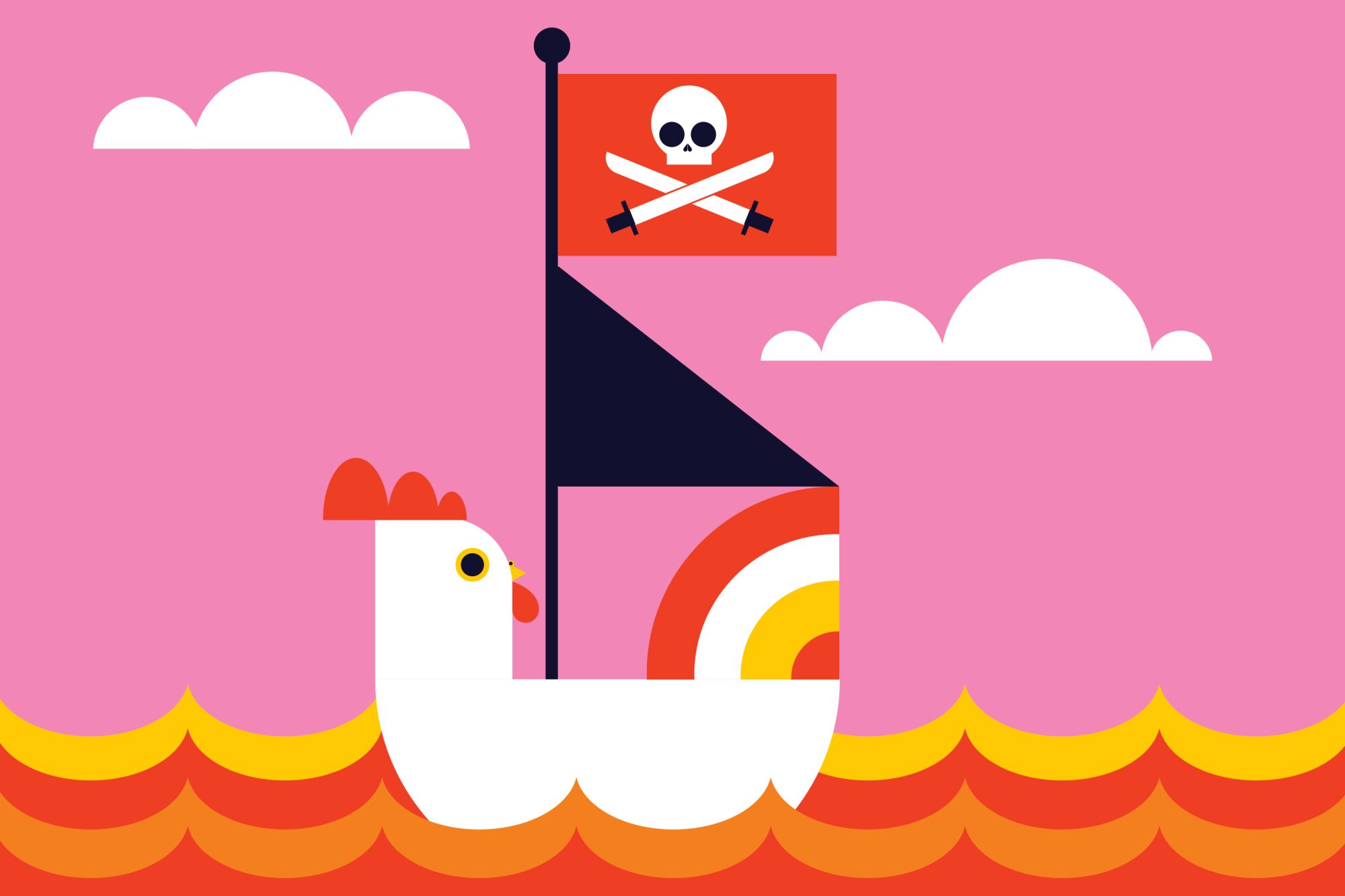 An illustration of a pirates ship in the shape of a chicken.